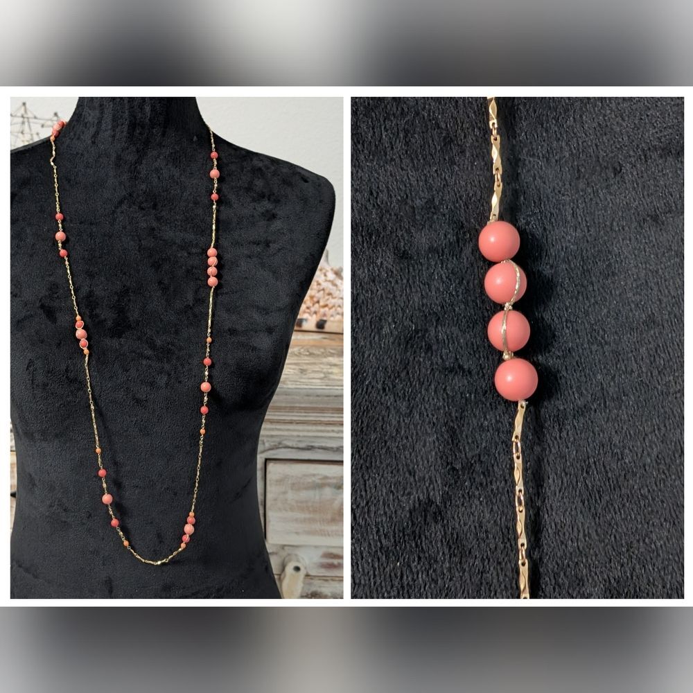 Kendra Scott 42" Coral Beaded Station Necklace Gold PlatedLong Layering Dust Bag